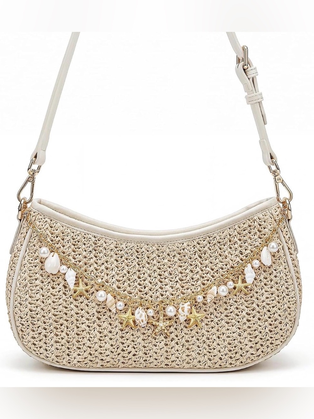 Woven Straw Shoulder Bag with Seashell Gold Chain Accent